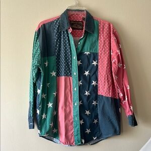 Faded Glory Pink and Green Button Down Shirt Patchwork Style 90’s Retro Stars